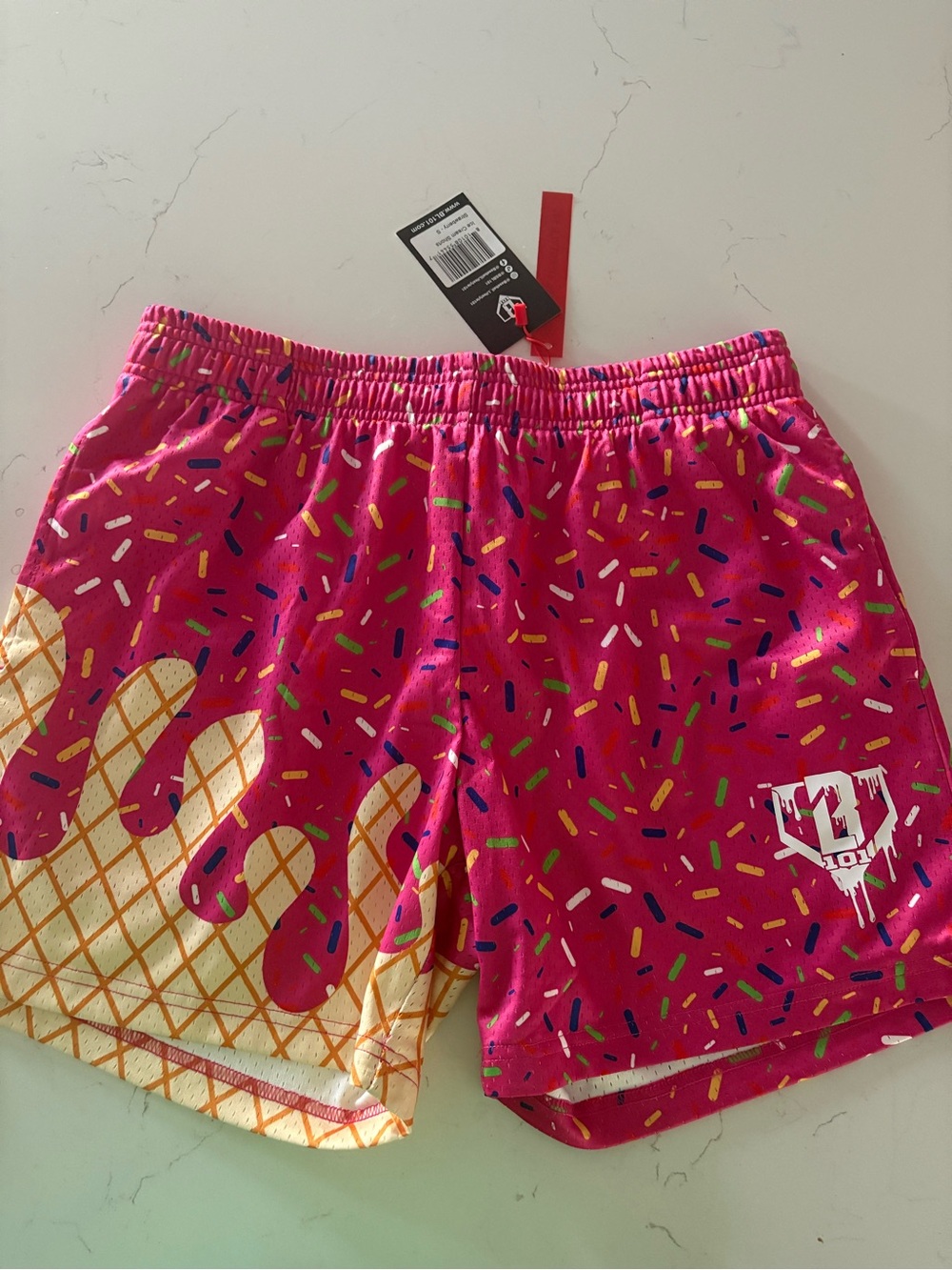 B101  Hot Pink Ice Cream Drip Baseball Shorts with Multicolor Sprinkles